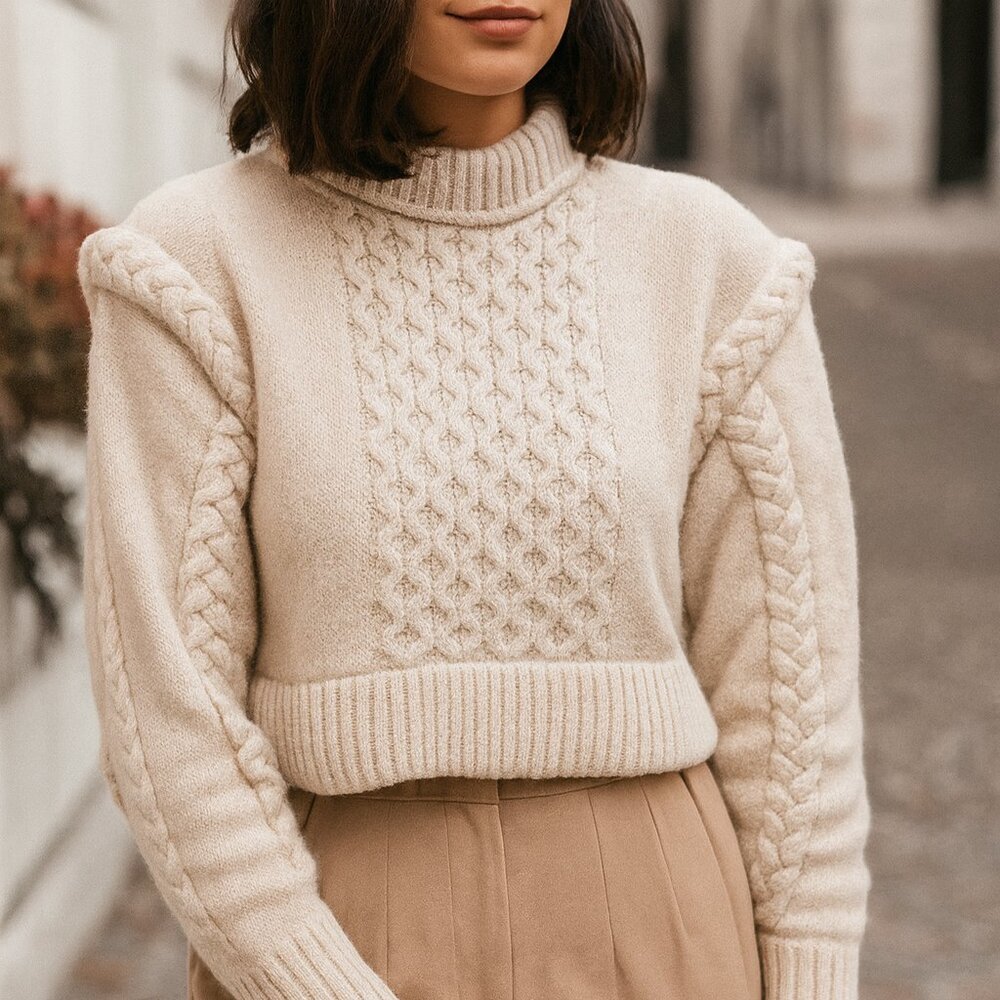 ZARA Blogger Favorite Shoulder Pad Crop/Cropped Wool Blend Sweater SZ S‎